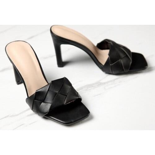 2020 Hot Sale Summer Weave Sandals Women Leather Slides Square Toe Slippers Sexy Ladies High Heels Shoes Woman Party Sandals 42