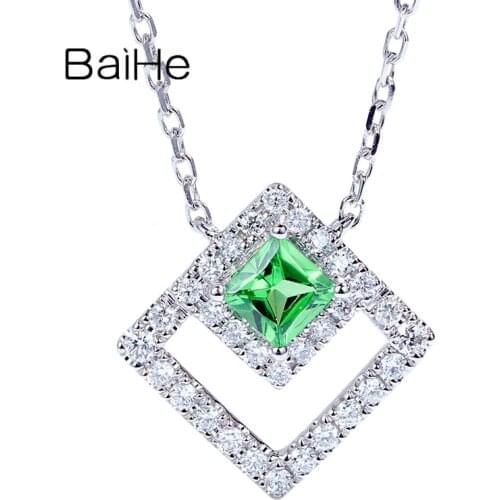 BAIHE Solid 18K White Gold 0.15ct Natural Tsavorite 0.15ct Natural Diamonds Fine Jewelry Wedding Engagement Necklace for Women