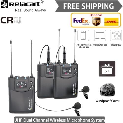 Relacart CR1/CR2 UHF Wireless Microphone System Dual Channel for Smartphone DSLR Camera PC Interview Youtube Vlog Studio Mic