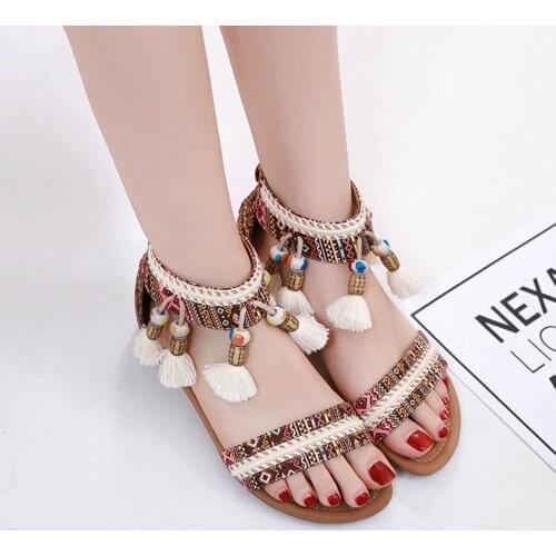 Temperament Beauty Summer Breathable Sandals Ladies Summer Sandals Large Flat Sandals Rear Zip Fringe Open Toe Sandals Mujer