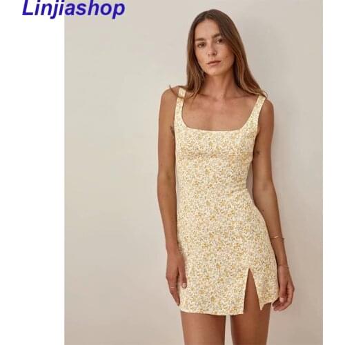 Elegant Women Summer Dress Cute Yellow Floral Print Speghetti Sleeveless Holiday Chiffon Split Mini Dress Femme Vestidos