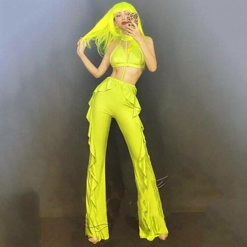 Fluorescent Green Bra Flared Pants Suit Jazz Stage Performance Clothing Gogo Costumes Nightclub Dj Ds Singer Dancer Wear DT2387