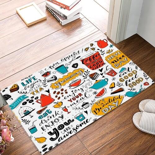 Cafe Doodle Teapot Cup Food Doormat Bedroom Kitchen Floor Mat Bathroom Anti-Slip Rug Home Doormat for Entrance Door