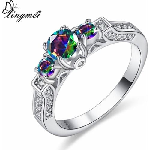 Lingmei Wedding Fashion Cocktail Rainbow Mysterious Blue Purple White Cubic Zircon Jewelry Silver Color Ring Size 6-9 Christmas
