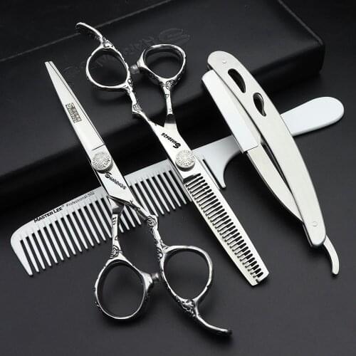 Japan 440c 6-inch hair scissors set Sharp Hairdressing Scissors Salon Barber Thinning Scissors Razor Set Stainless Steel fine