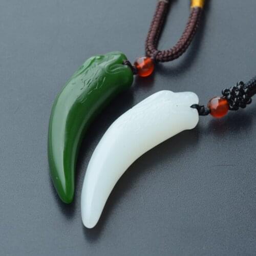 NATURAL HETIAN NEPHRITE PENDANT CARVED WOLF HEAD WOLF TEETH PENDANT BEAD NECKLACE LUCKY MEN WOMENS JEWELRY FREE CHAIN