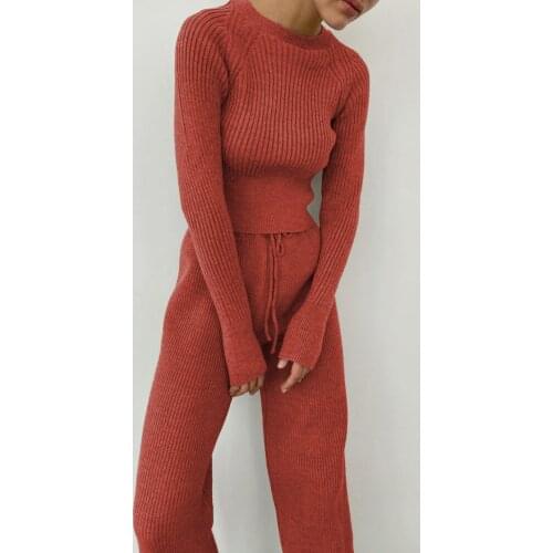 2021 New Fashion Winter Womens Thicken Warm Knitted Pullover Sweater Two-Piece Suits High Waist Loose Wide Leg Pants Set