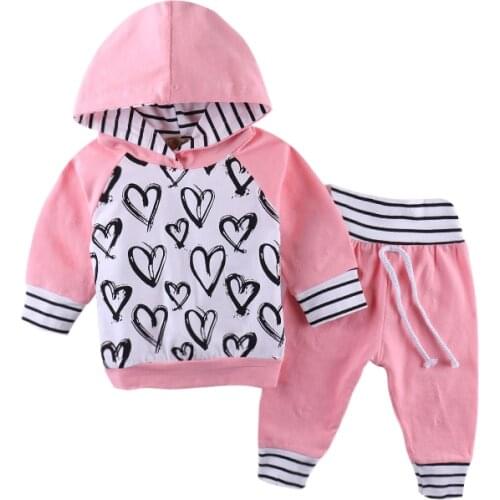 2020 Autumn Baby girls clothes set Heart pattern 2pcs set Hoodie Tops+Pants Infant Toddle Kids baby girl clothing outfit