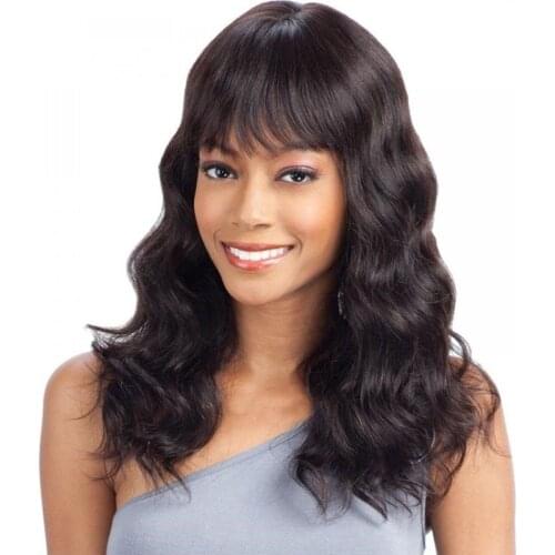 Loose Wave Human Hair Wig with Bangs 150% Density Brazilian Remy Hair Wavy Scalp Top Wig Silk Base Wig with Fringe Natural Color