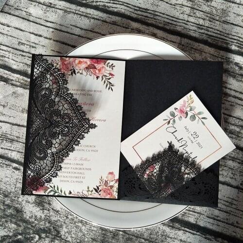 50X Black Shimmer Lace Wedding Invitation with Pocket DIY Laser Cut Invites for Anniversary Partecipazion Martrimonio