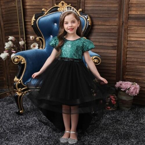 Qunq Girls Dress for Wedding Birthday Party Prom Performance Sequined Mesh Children Princess Dresses Summer Kids Clothes