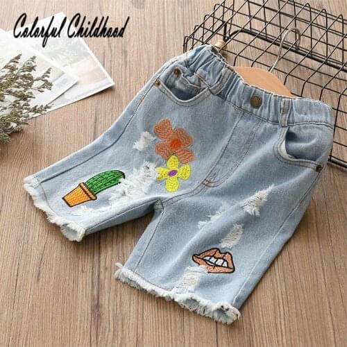 Baby Girl Hole Ripped Denim Pants 2018 Summer Fashion New Childrens Clothing Kids Jeans Five Pants Knee High Trousers