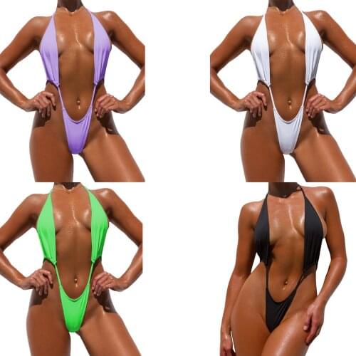 Womens Solid Color One-piece Swimsuit, Deep V-neck Front Hollowed Backless Halter Triangle Swimwear