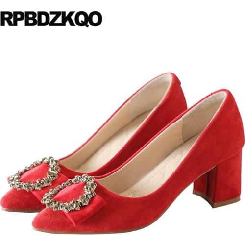 Rhinestone medium heels size 33 jewel dress pointed toe block women thick red prom shoes ladies crystal suede 4 34 2019 chunky