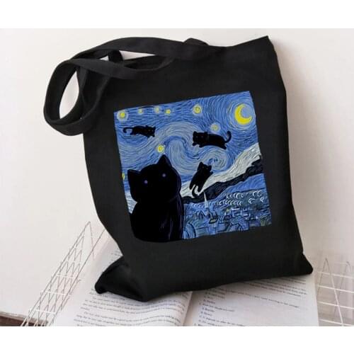 Gothic New The Starry Cat Night Korean Black Shoulder Shopping Bag With Zip Large Capacity Fashion Vintage Canvas Shopper Bag