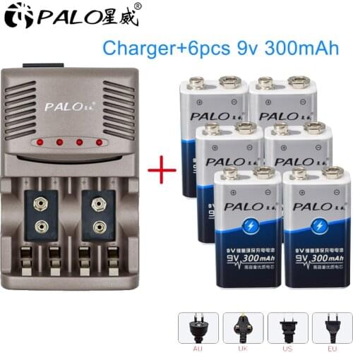 PALO NI-MH 9V AA AAA Battery Charger Smart LED with 6Pcs 9V6F22 300mah Rechargeable Battery nimh pre-charge low self-discharge