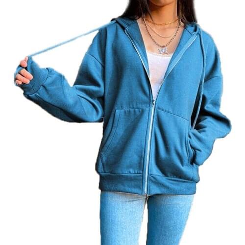 Sky blue Zip Up Hooded Sweatshirts New Women Vintage Pockets Oversized Jacket Coat Autumn Female Y2K Aesthetic Loose Hoodies Top