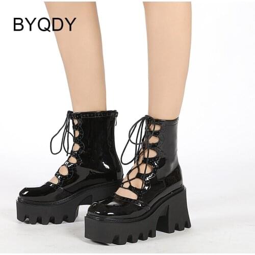 BYQDY 2021 New Lace Up Autumn Boots Women Hollow Out Sexy Ladies Gothic Shoes On Platform Heel Black Leather Zipper High Quality