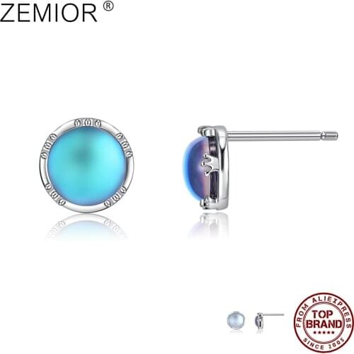 ZEMIOR Women Girls 100% 925 Sterling Silver Stup Earring Round Luminous Stone Party Romantic Gift For Girlfriend Fine Jewelry