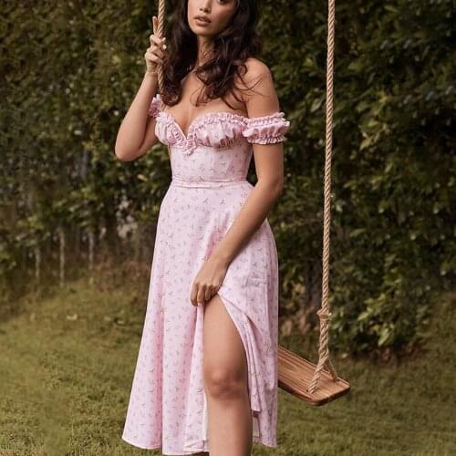 Summer Floral Printed Dress For Women Off The Shoulder Ruffles Sexy Split Mid-length Dresses Female 2021 Sweet Ladies Vestidos