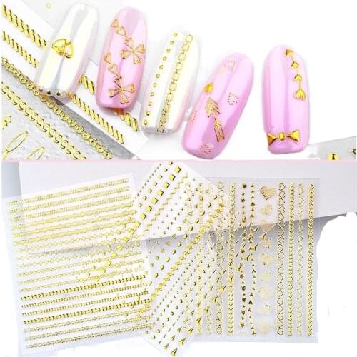 Gold Metal Chains Nail Stickers 3D Heart Bow-knot Golden Metallic Adhesive Sticker DIY Manicure Nail Art Decorations
