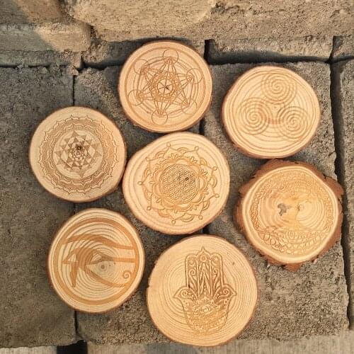 1pcs Sri energy mat Sacred geometry wood slice base of purification crystals healing disc as coaster for home decor wholesale