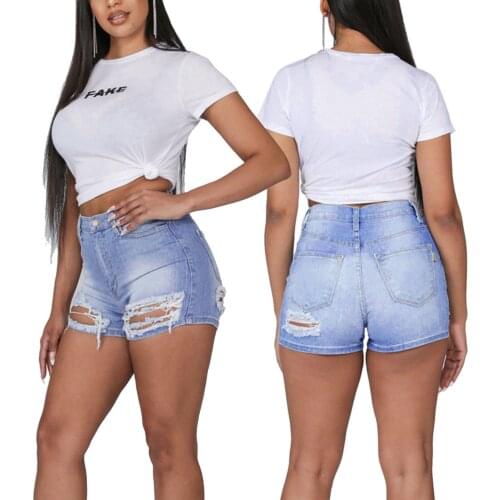 2021 New Female Denim Shorts, High Waist Ripped Jeans Close-Fitting Pants Short Pants for Women, Light Blue, S/M/L/XL/XXL
