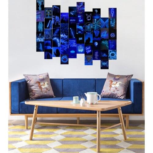 50Pcs Blue Neon Aesthetic Pictures Wall Collage Kits Photo Collection Lightning Thunder Girl Teens & Women Bedroom Decorations