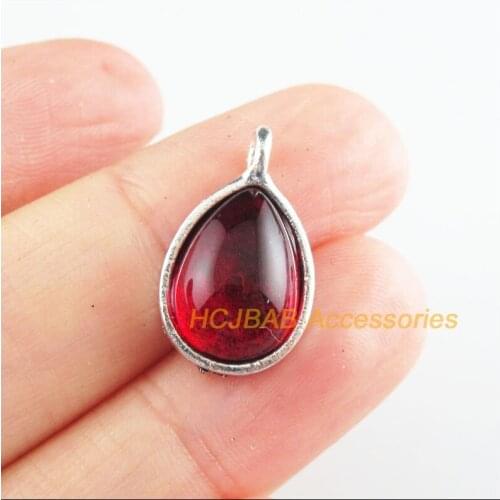 10 New Teardrop Charms Red Glaze Waterdrop Pendants Tibetan Silver Tone 12x20.5mm