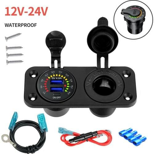 12V 4.8A Dual USB Car Fast Charger Socket Power Outlet Multi-Color LED Lights Voltmeter Waterproof Dust-proof Protect Circuit