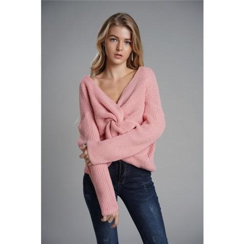 H80&S90 Sexy Solid Color Sweater Women V-Neck Twisted Back Knot Sweater Long Sleeve Jumper Pullover Loose Warm Tops