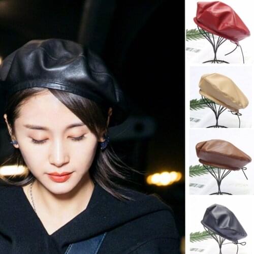 Women Beret Solid Faux PU Leather Beret French Artist Warm Beanie High Fashion Winter Ski Cap Lady All-Match Hat