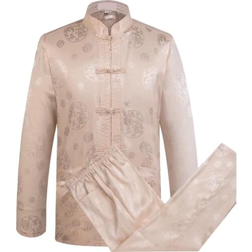 Beige Chinese Dragon Mens Tang Suit Sets Long Sleeve Long Pants Dragon Kung Fu Suit High Quality Silk Wu Shu Tai Chi Sets