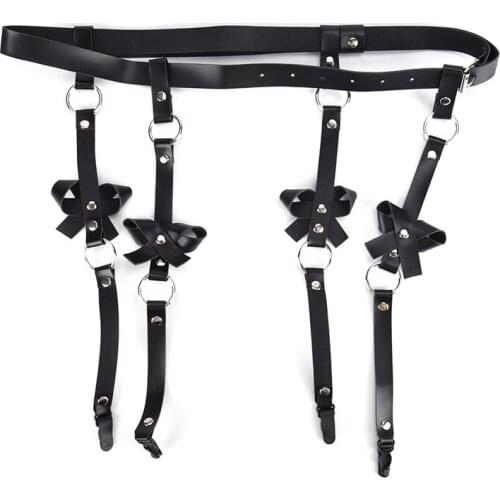 Leather Waist Garter Sexy Women O-Round Waist Belt with 4 suspenders Handmade Punk Costume belt for Stockings Bow