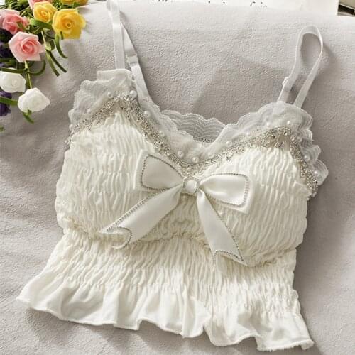 Bow Cute Women Corset Camisoles Pearl Stitching Mesh Frill Elastic Skinny Cropped Tops Sexy Sling Camis Lady Ruffle Tank Tops