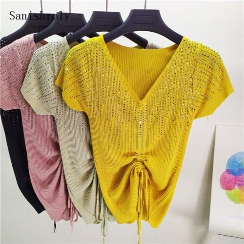 Sanishroly New Summer Women Thin Beading Knitted Sexy V-Neck Drawstring Sweater Female Short Sleeve Pullovers Knitwear Tops S611