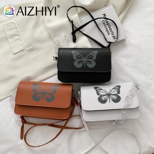 Vintage Women PU Leather Butterfly Printing Crossbody Shoulder Messenger Bag Casual Ladies Acrylic Chain Mini Handbag Flap Purse