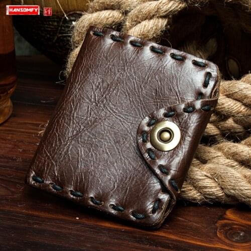 Vintage Cowhide Leather Purses Men Wallet Male Card Holder Short Buckle Wallets Thick Stitch Business Card Bag Casual
