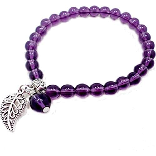 Silver Plated Leaf Connect Natural Purple Amethysts Crystal Elastic Bracelet for Anniversary Gift Jewelry