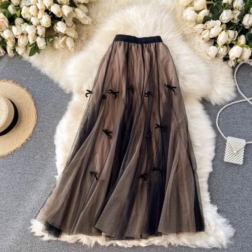 Four Seasons New Sweet Bow-knot Net Yarn Skirt Female Versatile High-waisted Thin Mid-length Skirt UK493