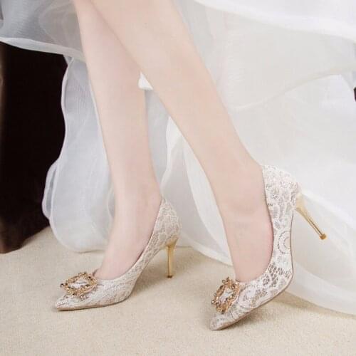 Women high heels 2020 lace whites hoes female sexy high heels pointed toe shallow stiletto wedding dress bride shoes for girls