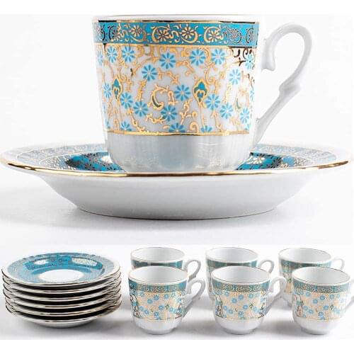 Turkish Coffee Cups Espresso Set of 6 with Saucers Arabic Mugs Porcelain for Drinking and Gift Accessories (Blue)