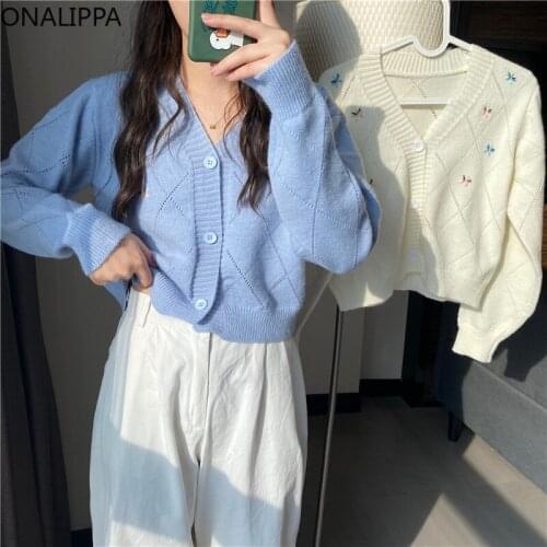 ONALIPPA V-Neck Knitted Sweater Ladies Sweet Temperament 2021 Autumn Korea Gentle Style Retro Embroidered Flower Design Cardigan
