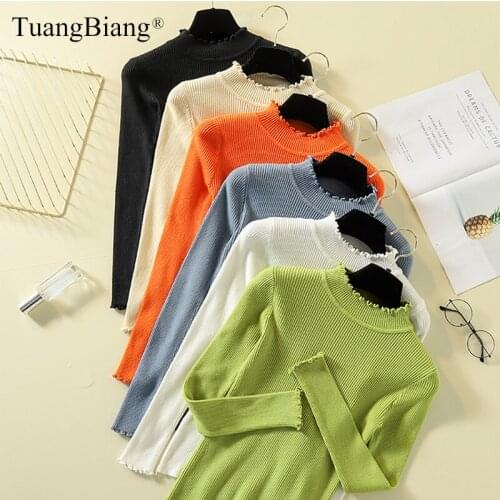 Lady Ruffled Collar Knit Turtleneck Sweaters Basic Women autumn Winter Pullovers feminine Elastic Soft Korea Tops jumpers 2019