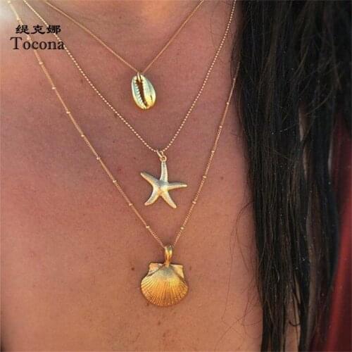 Tocona Summer Shell Starfish Scallop Pendant Necklace for Women Gold Alloy Metal Multi-layer Chain Choker Bohemian Jewelry 7105
