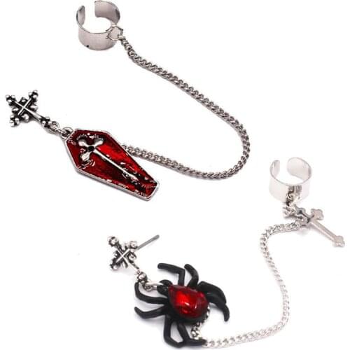 1Pc Gothic Punk Red Spider Cross Coffin Finish Long Chain Ear Cuff Dangle Earrings Fashion Jewelry Unisex