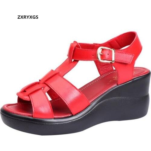 2021 New Summer Open Toe Rome Sandals Genuine Leather Women Shoes Sandals Light Wear Heighten Sandals Wedges Black White Red