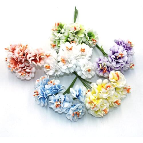 6 pcs / lot fleur artificielle cerise simulation fleur de soie bricolage couronne matériel de mariée poignet fleur mariage fleur