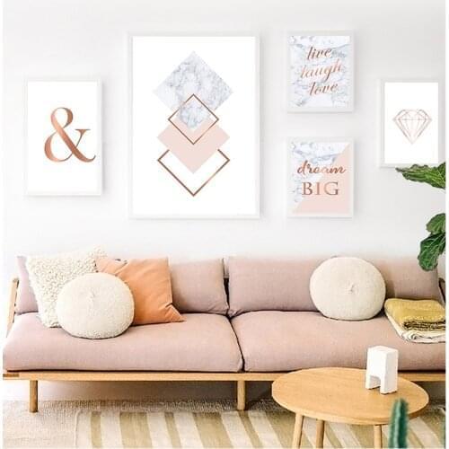 Diamond Wall Art Wall Pictures for Living Room Pink Marble Posters and Prints Gray Rose Gold Canva Art Painting Ampersand