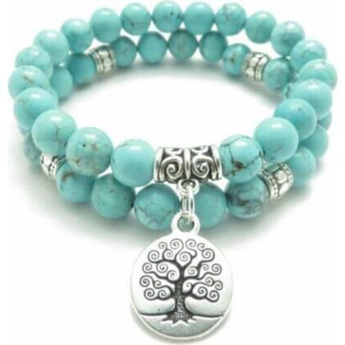 2Pcs 8mm Natural Turquoise Tree of Life Pendant Mala Bracelet Sutra Healing pray Wrist Unisex Chakas spirituality Meditation
